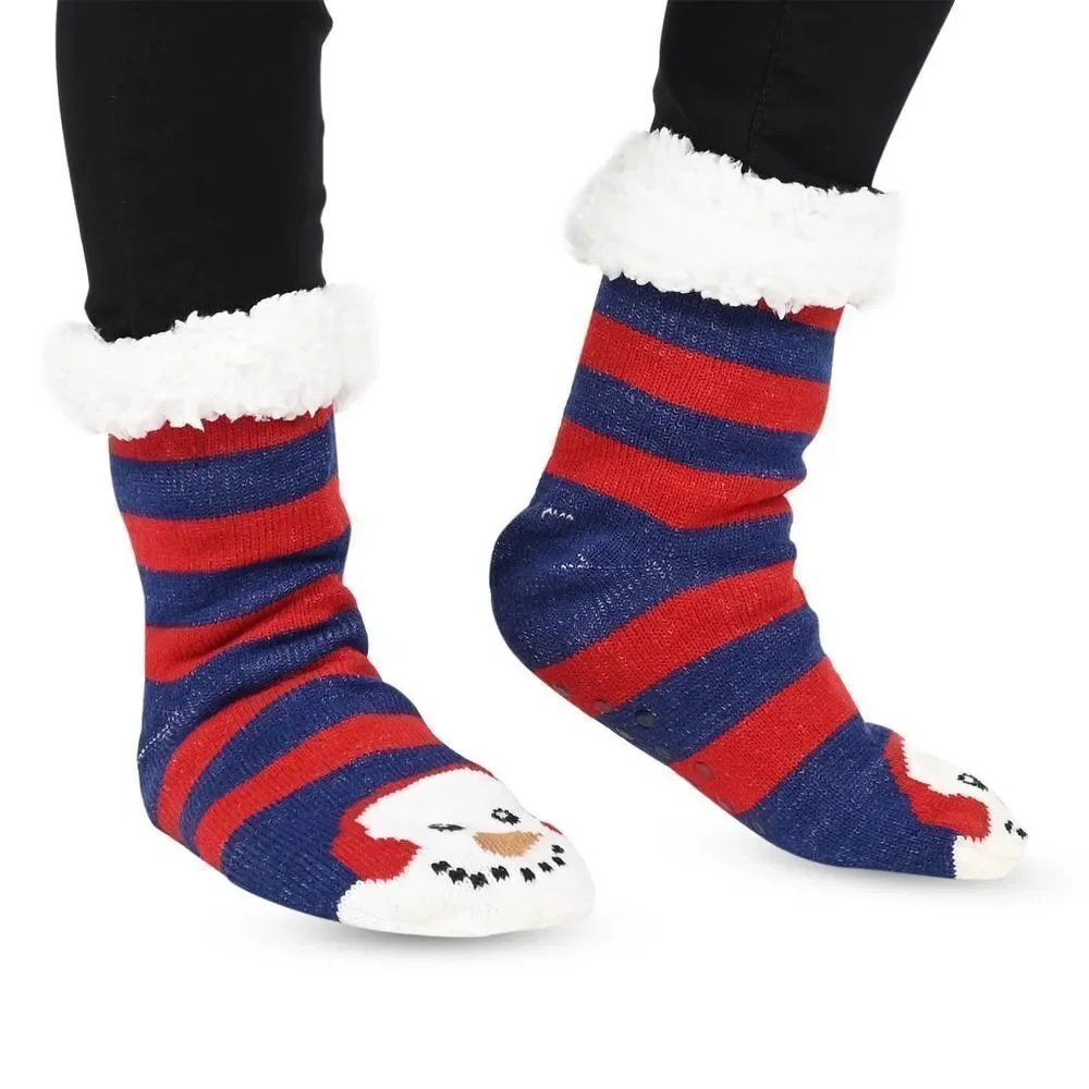 Snowman and Reindeer Pattern Sherpa Lined Slipper Socks Sz 5-10 Anti Slip Rubber